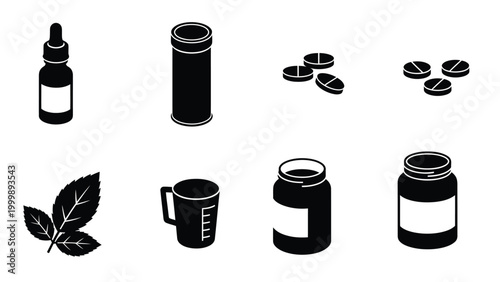 Healthcare & Supplement Isometric Icons Set: Medicine Bottles, Pills, Herbal Leaf, Measuring Cup. Black & White Vector Collection.