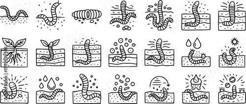Black and White Line Art Icons of Earthworms in Various Poses and Environments