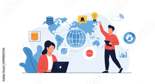 Two IT professionals manage global data and network connections represented by a world map, globe, and various technology icons.