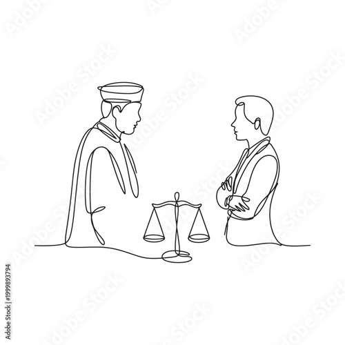 Line drawing of lawyer and client with scales of justice