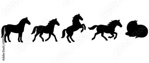 A series of black silhouettes depicting a horse in different stages of movement, including standing, walking, trotting, galloping, and rearing