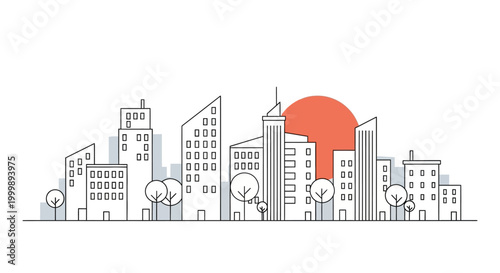 City skyline with tall buildings.