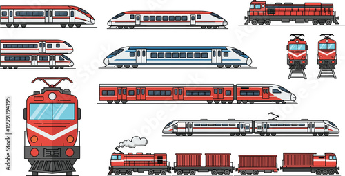 Train Icon Set with High-Speed, Electric, Freight, and Locomotive Designs for Transportation, Rail Travel, and Cargo