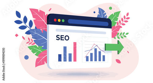 Search engine optimization concept graphic illustration showcasing data analytics and performance growth trends