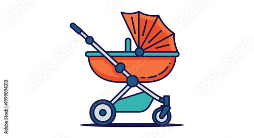 Colorful vector illustration of a modern baby stroller graphic for children's product designs and parenting content.