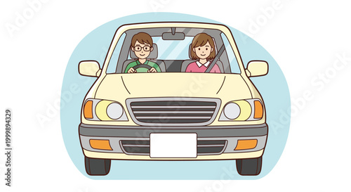 Happy vector illustration of a young couple driving a light-colored car on a journey together
