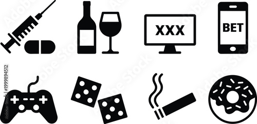 Comprehensive collection of addiction symbols including syringe pills wine glass dice and cigarette.