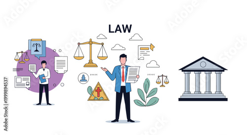 Legal professional presenting important documents in front of symbols of law like a scale of justice, court building, and files.