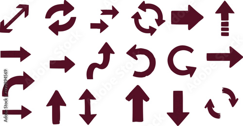 Collection of diverse maroon arrow icons point in various directions and forms.
