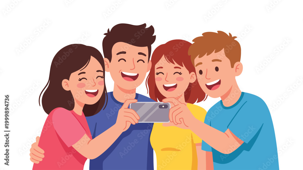 Obraz premium Happy young friends taking group selfie with smartphone. Diverse smiling youth capturing joyful friendship moment.