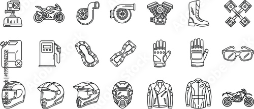 Motorcycle parts and riding gear icons set including helmets gloves engine boots chains fuel pump vector outline