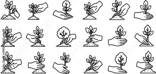 Black and White Line Art Icons of Hands Planting Saplings and Trees in Soil