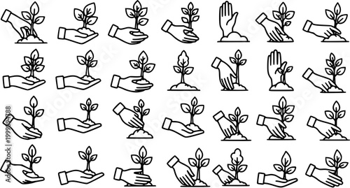 Black and White Line Art Icons of Hands Planting Seedlings, Gardening and Growth Concept
