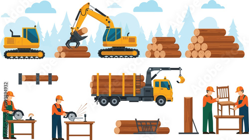 Flat vector illustration set showing the timber industry process from forest harvesting with heavy machinery to wood processing and furniture manufacturing