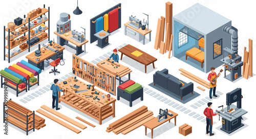 Isometric Furniture Manufacturing Workshop Vector Illustration Featuring Carpentry Tools Woodworking Machinery Fabric Rolls Professional Workers Crafting Custom Wood Furniture Pieces