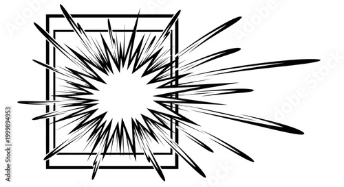 Comic book style starburst effect with rectangular frame.