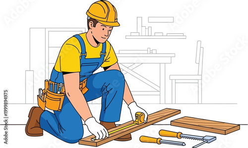 Professional male carpenter wearing safety gear and hard hat measuring wooden plank with tape measure in workshop vector illustration for construction projects