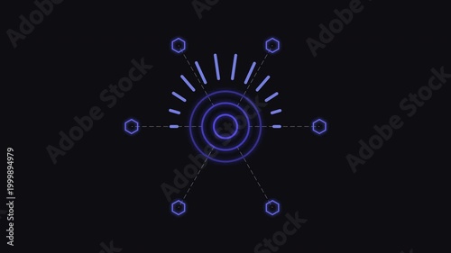 Abstract geometric network with radiating lines and concentric circles on a dark background, representing connectivity and data flow