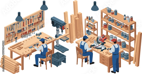 Isometric vector illustration of professional woodworkers in a carpentry workshop using power tools, saws, and hand equipment for furniture manufacturing.