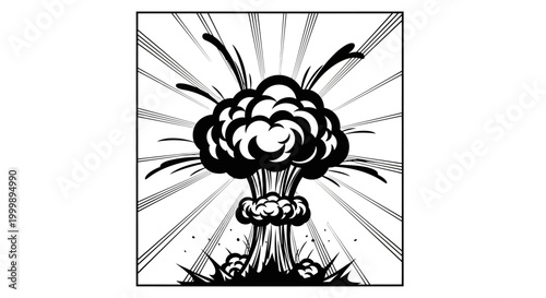 Black and white illustration of a mushroom cloud explosion.