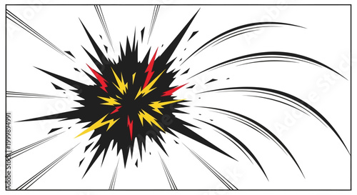 Comic style explosion with black spikes and red yellow highlights on white background.