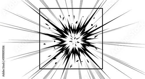 Comic book style impact explosion effect with square frame.