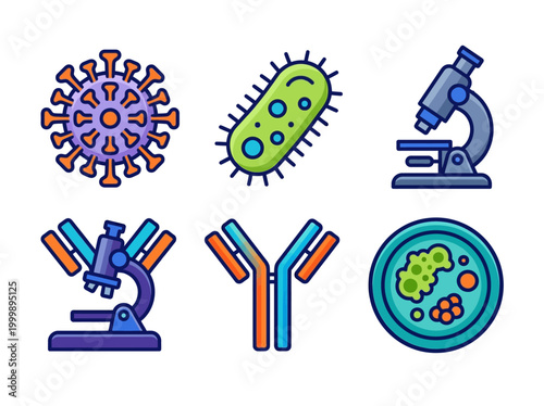 Microbiology and Laboratory Icon Set with Virus, Bacterium, Microscope, Antibody, and Petri Dish - Science and Research Vector Illustration