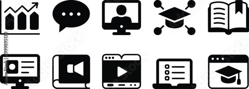 Educational icons set depicting online learning, graphs, books, and graduation caps for digital education.
