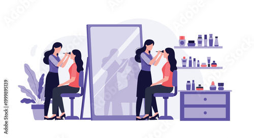 Professional makeup artist applies cosmetics to a client sitting in a chair in front of a mirror in a modern beauty salon.