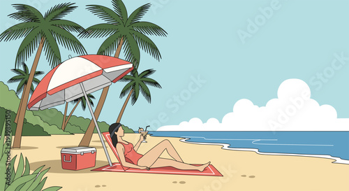 Beautiful woman in a red swimsuit relaxes on a beach chair under an umbrella while enjoying a drink on a tropical shore.