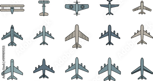 vector illustration  Airplane icons set in various top view angles for aviation travel logistics flight tracking and transportation design.