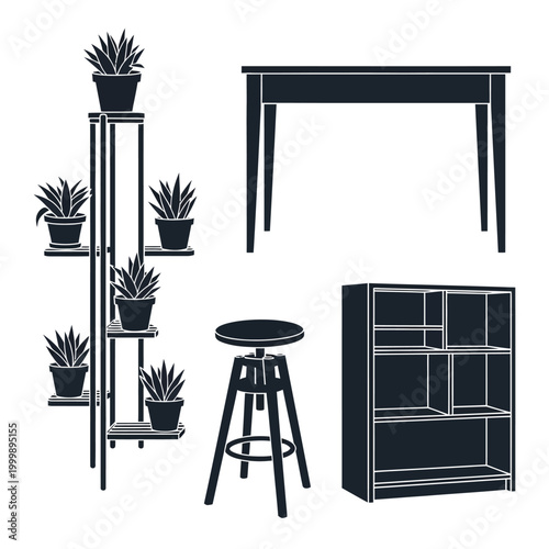 Black furniture and plant shelves indoors.