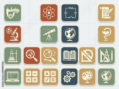 Obraz na plátně Academic and Scientific Education Icon Set - STEM, Physics, Chemistry, Biology,
