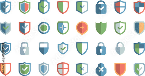 Security shield icons collection set for data protection and privacy web interface vector design illustration flat style.
