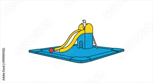 Vibrant water slide with pool and red ball, summer fun.