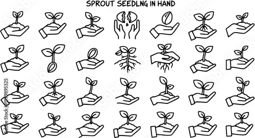 Agriculture  Environment Black and White Line Art Icon Set: Sprout Seedlings, Plants, Seeds, and Hands Symbolizing Growth, Nature, and Eco-friendly Concepts.