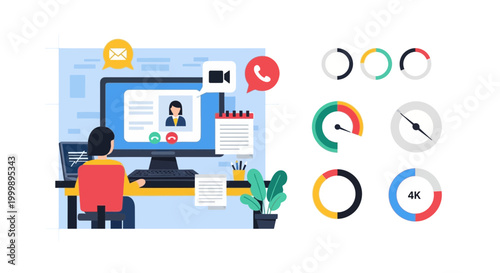 Man on video conference meeting with icons and visual elements illustration