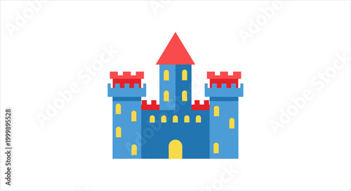 Blue castle with red roofs and yellow windows.
