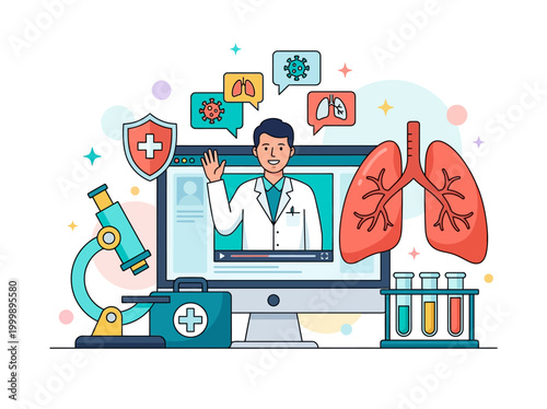 Telemedicine and Pulmonology Online Doctor Consultation Vector Illustration with Lungs, Microscope, and Medical Icons for Respiratory Health and Virtual Healthcare