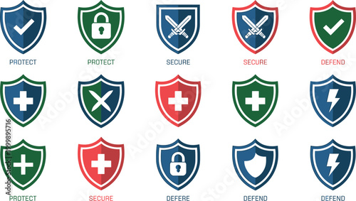 Shield labels with protect secure and defend text for branding and web development vector design illustration elements.