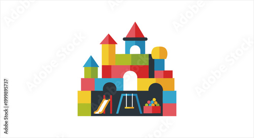 Colorful building blocks forming a playful castle with a slide and swing set.