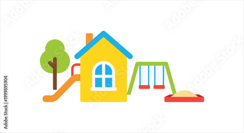 Colorful childrens playground with house, slide, swings, and sandbox.