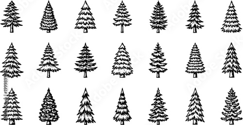 Christmas Holiday Fir Trees Line Art Collection. Hand-drawn Black and White Pine and Evergreen Tree Sketches for Winter Seasonal Designs, Doodle Icons Set.