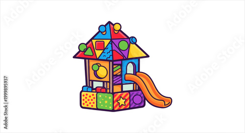 Colorful childrens playhouse with slide, vibrant and inviting design.
