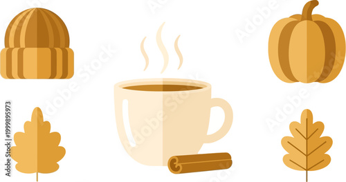 Autumn season with warm beverages and fall foliage, a cozy beanie, and pumpkin decorations