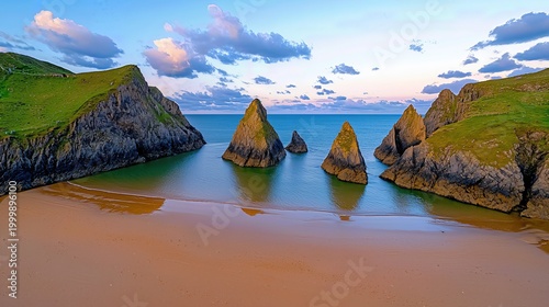 Dramatic Coastal Landscape with Rugged Cliffs Serene Beach and Twilight Sky