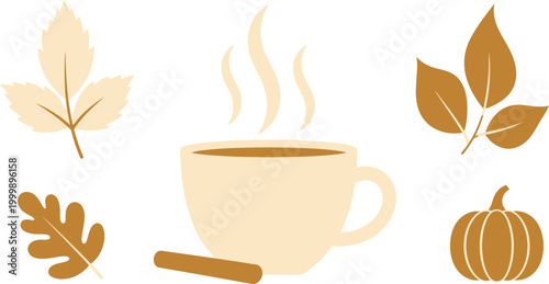Autumn harvest beverage with steam and fall leaves, a spiced drink in a mug, and a pumpkin decoration