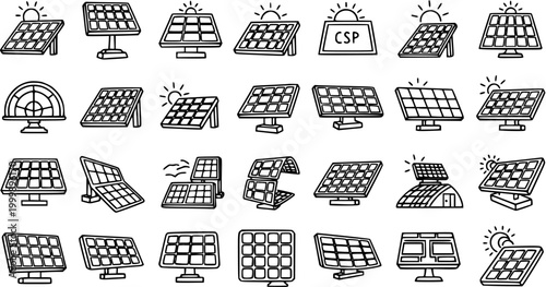 Renewable Energy Solar Panels Vector Icons Set in Black  White Line Art Style - Hand-Drawn Photovoltaic Power Technology Collection