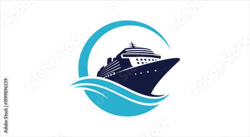 Cruise ship sailing on blue waves with a circular wave design.