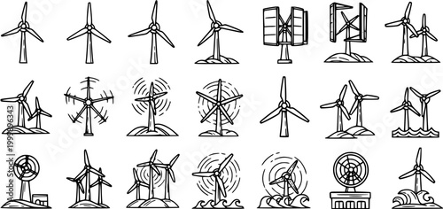 Renewable Energy Wind Turbines Line Art Icon Set. Hand-drawn Black  White Doodles of Green Power Windmills for Sustainable Electricity.
